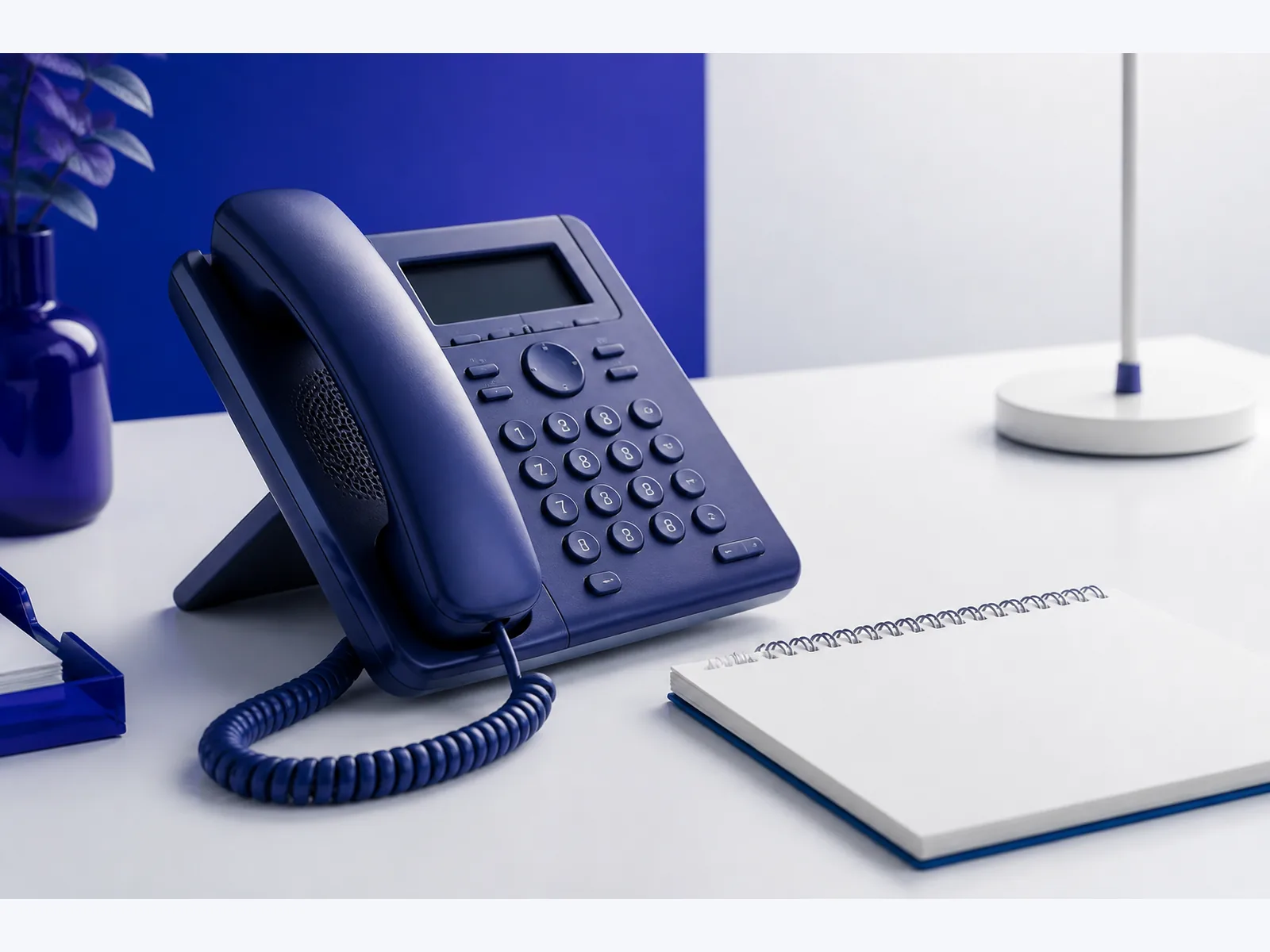 Designed photo of a desk phone on a white office desk