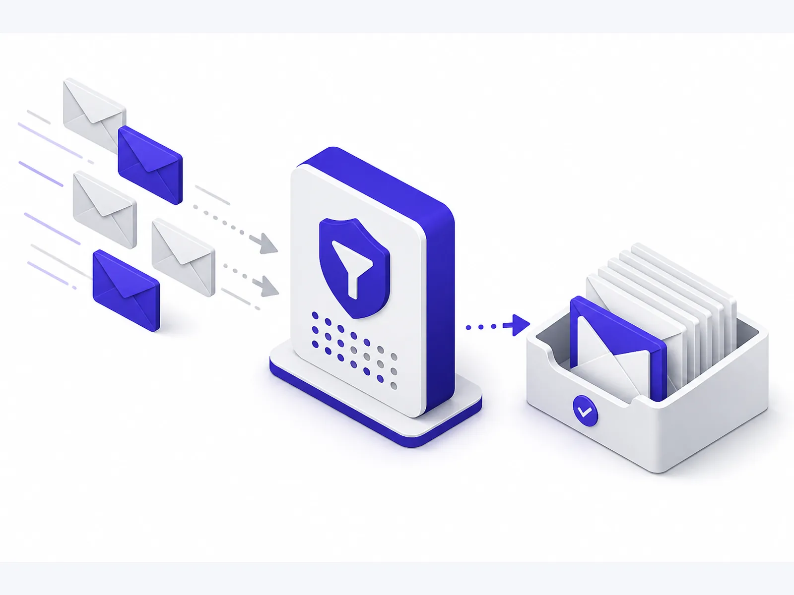 Designed isometric of envelopes passing a filter gateway into a checked inbox