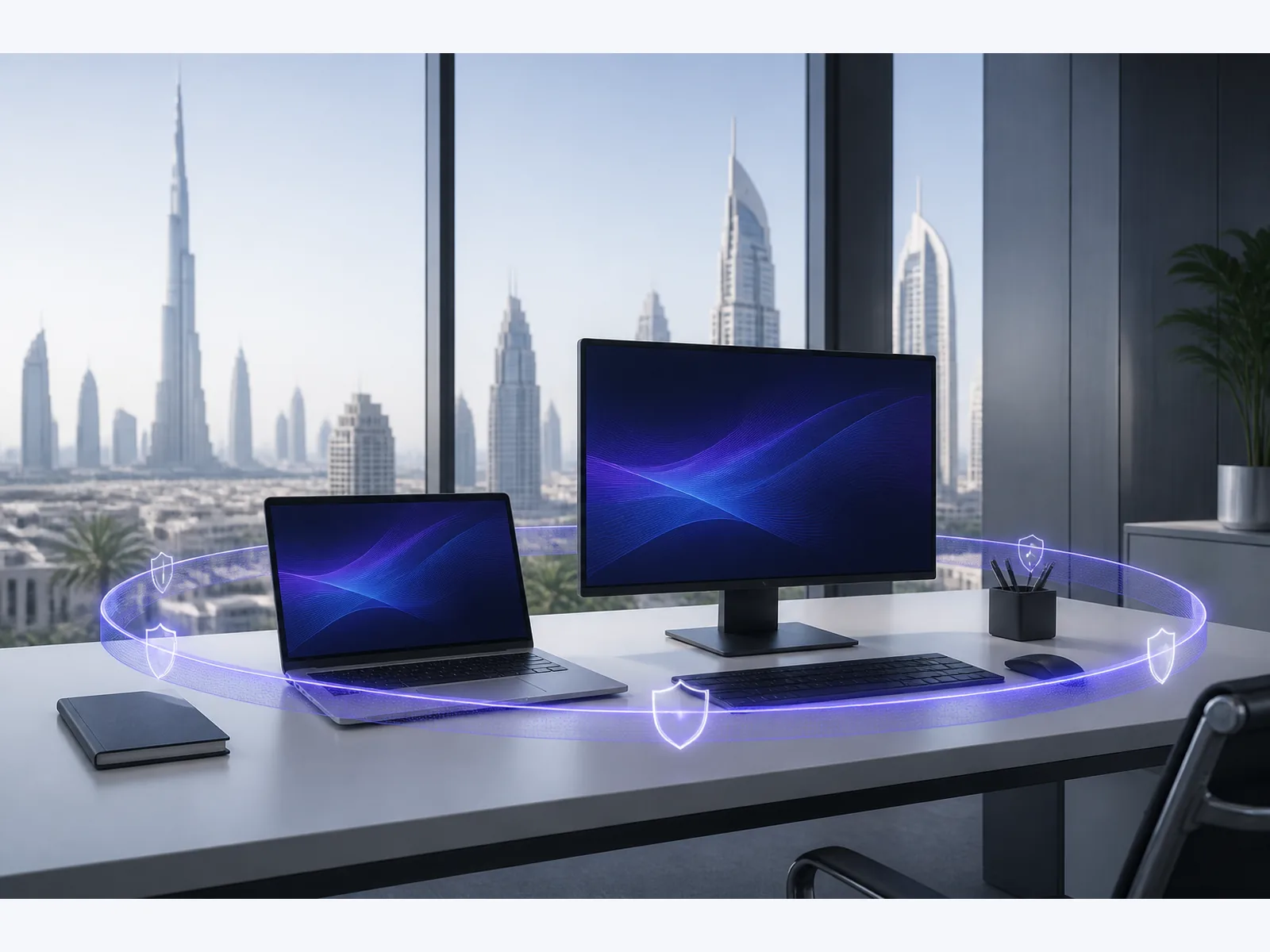 Designed graphic of an office laptop and monitor inside a shield ring, Dubai skyline in the window