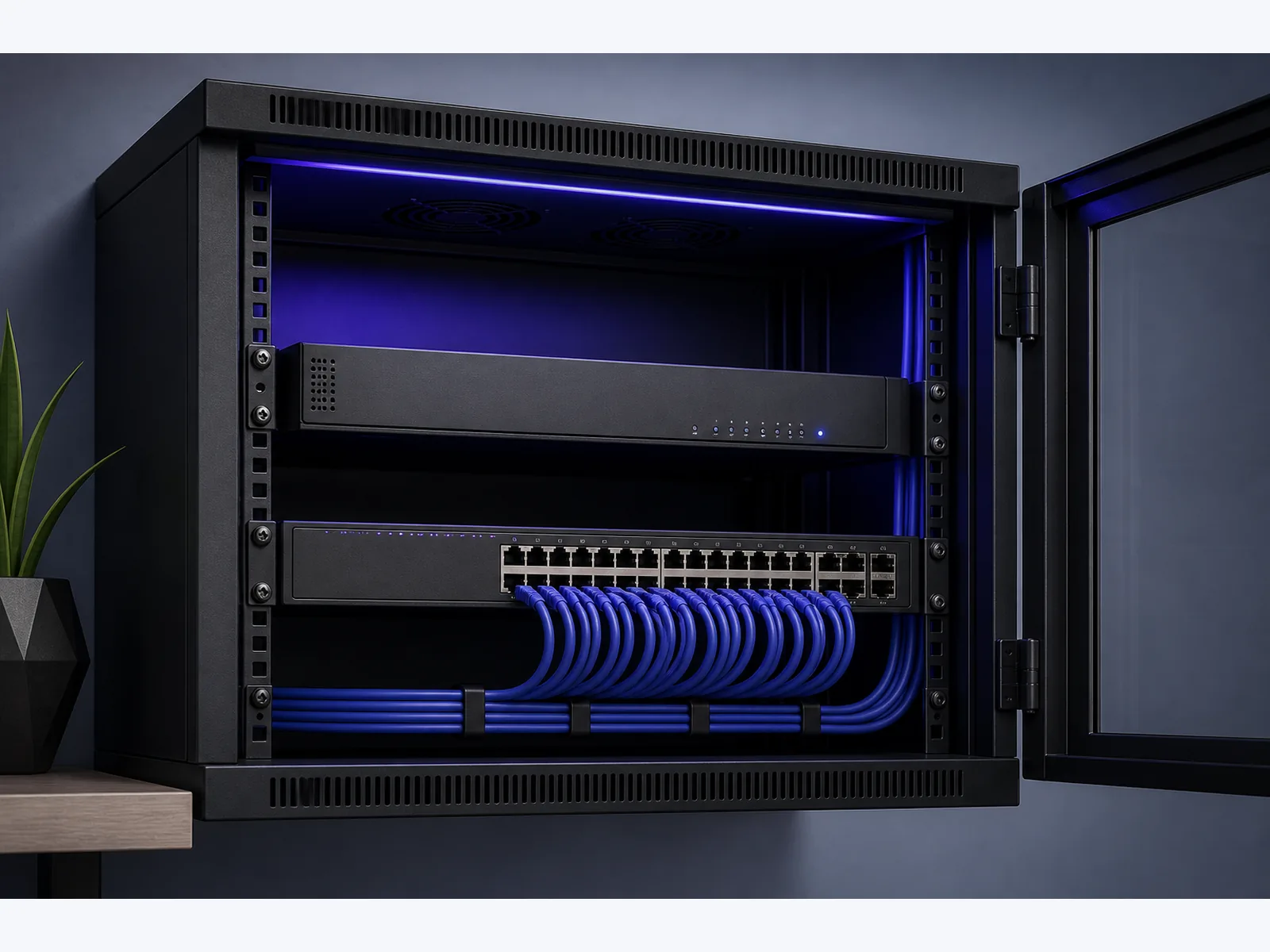 Designed photo of an open cabinet with a generic 1U box, a switch, and blue cables