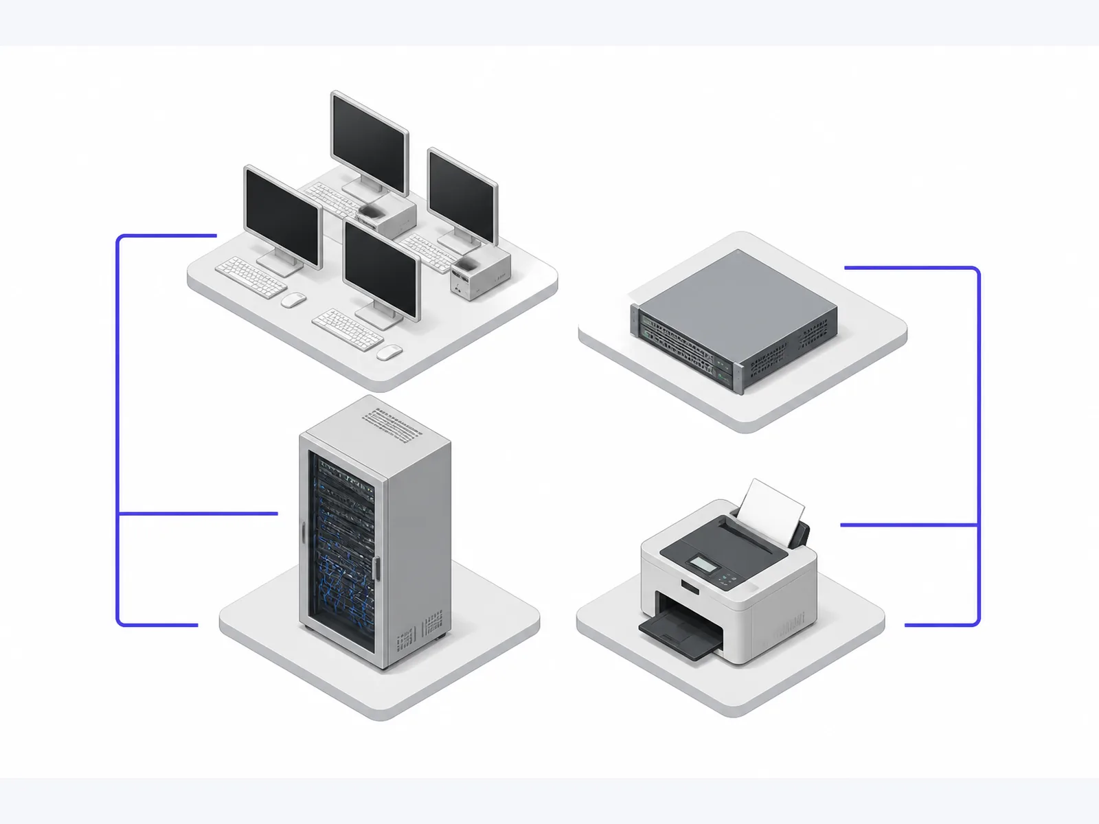 Designed isometric of office PCs, a server cabinet, a rack unit, and a printer