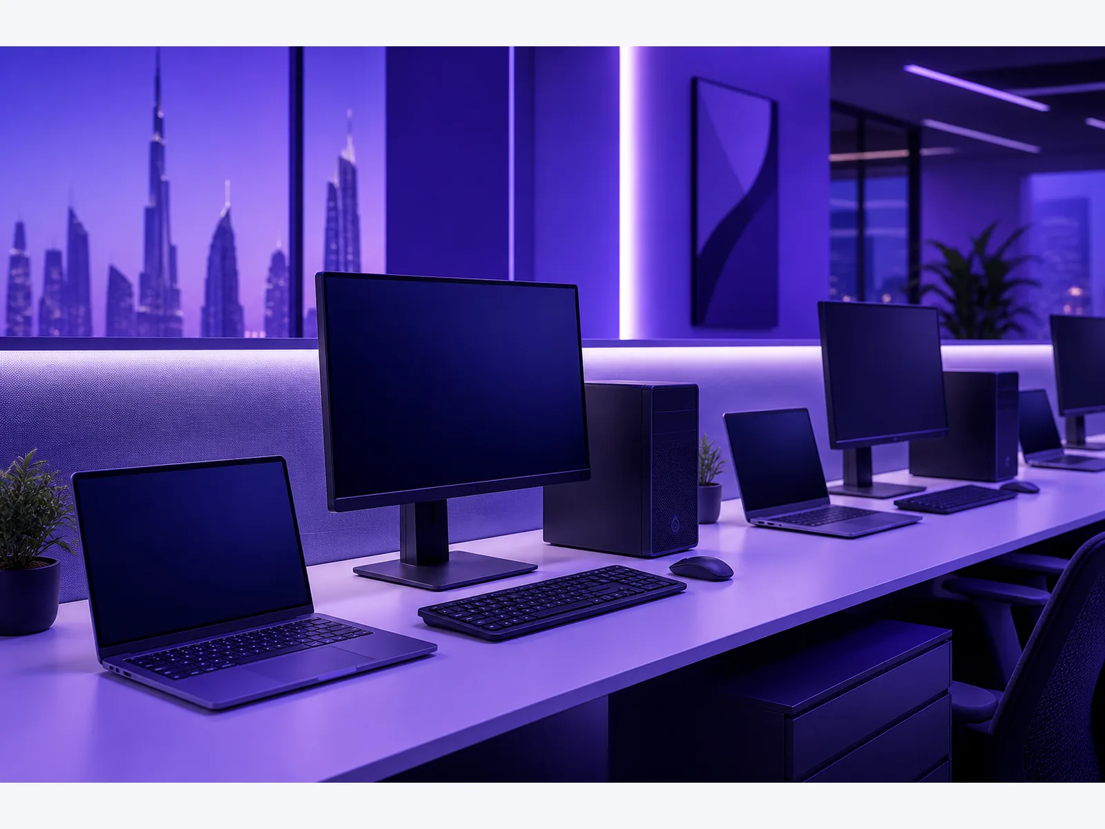 Designed graphic of a Dubai office row of closed PCs and laptops, screens off