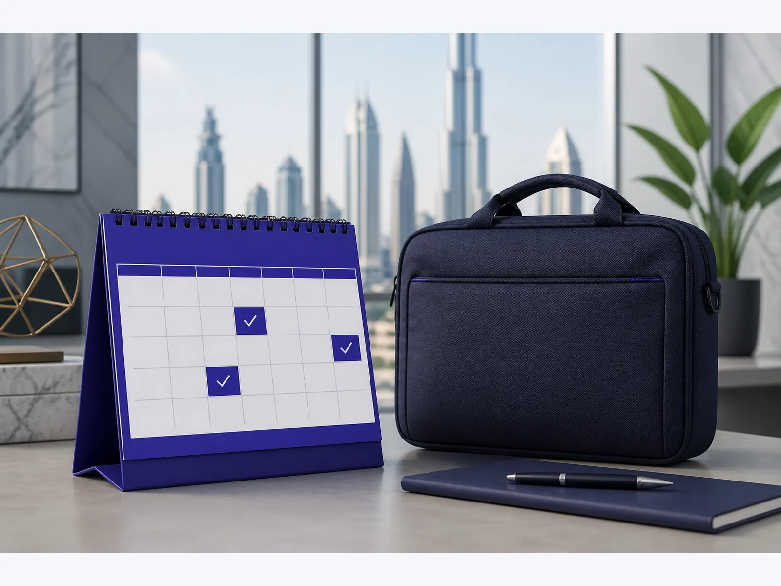 Designed graphic of a desk calendar with marked visit days, a closed bag, and a Dubai skyline window
