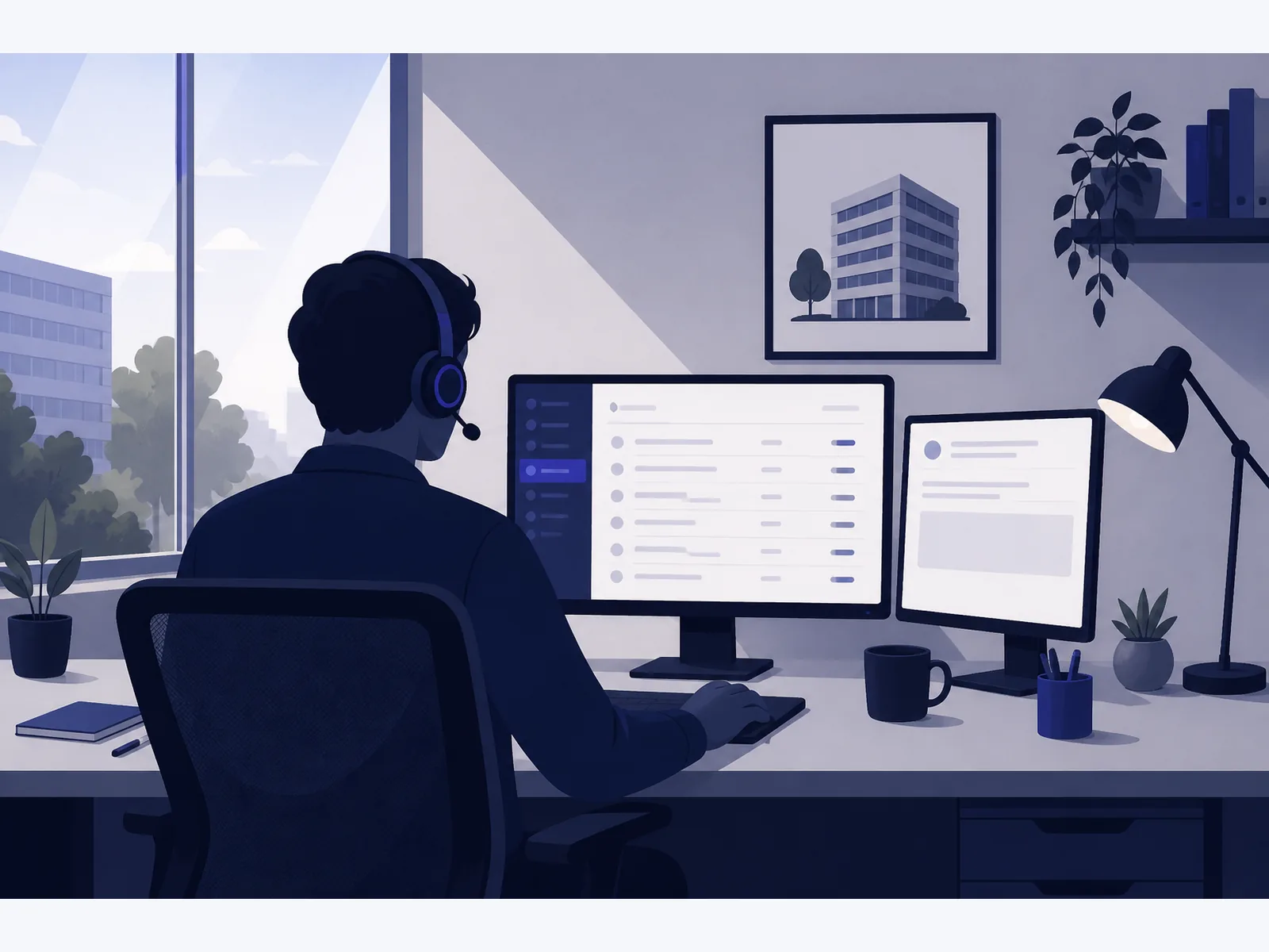 Designed graphic of one person at a dual-monitor desk wearing a headset