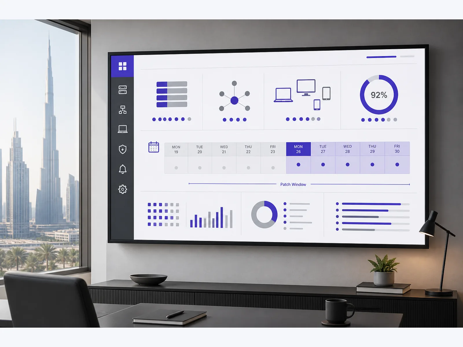 Designed graphic of a wall dashboard showing a patch window next to a Dubai skyline view