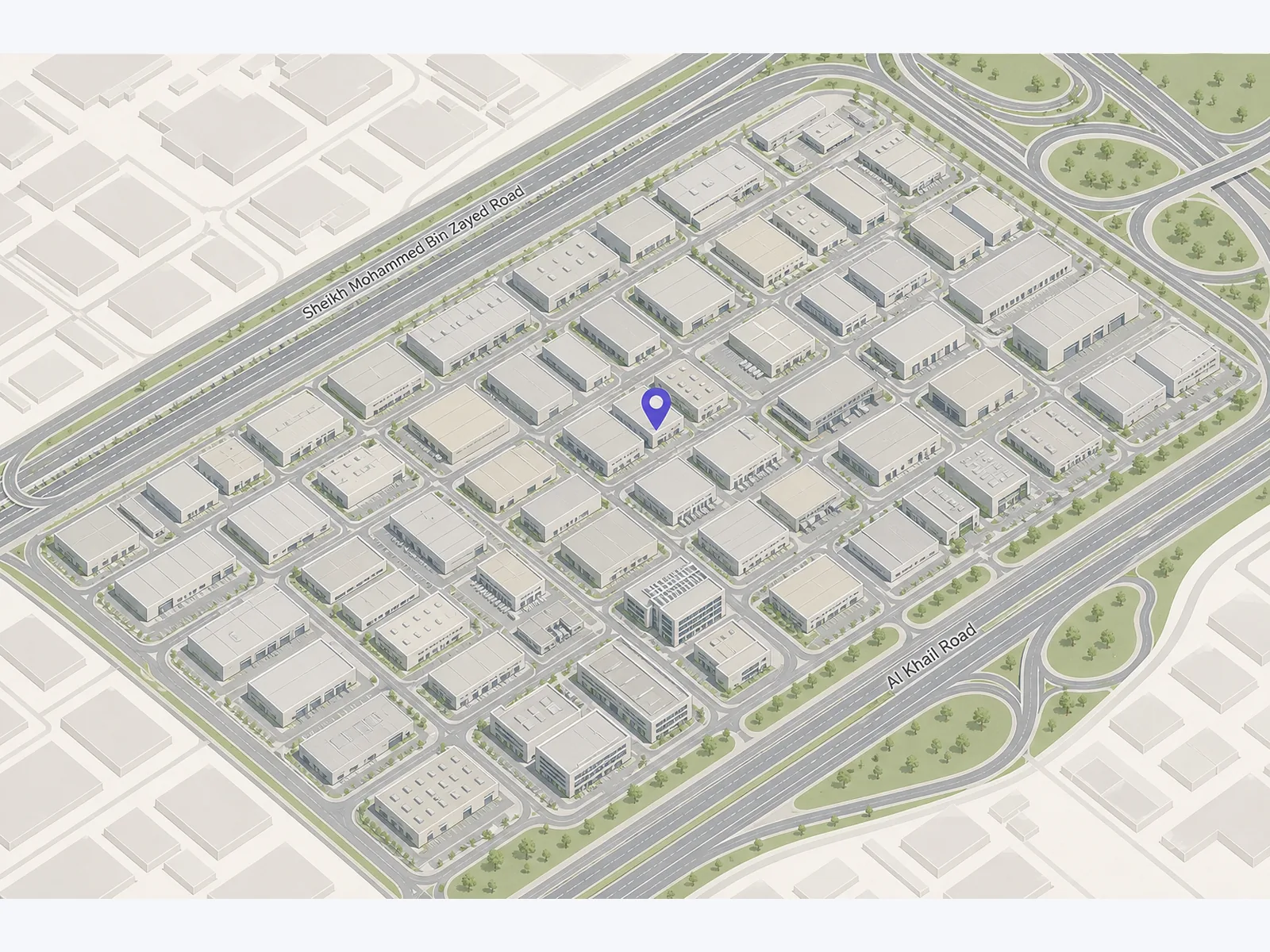 Designed map of Al Quoz between Sheikh Mohammed Bin Zayed Road and Al Khail Road, with a pin on the office