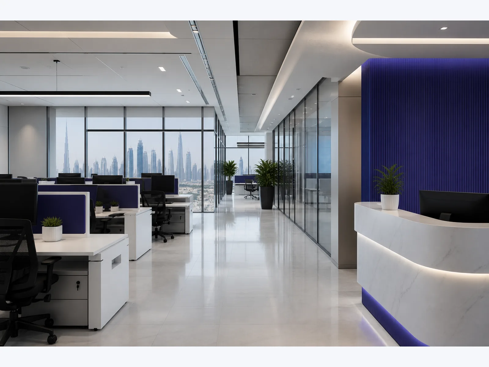 Designed photo of a Dubai office floor with a reception desk and workstations, skyline in the window