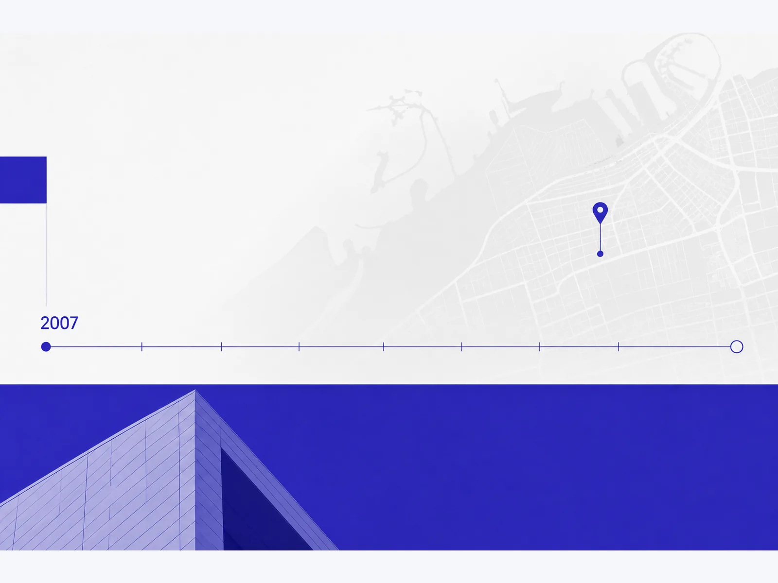 Designed timeline from 2007 across a Dubai map pin