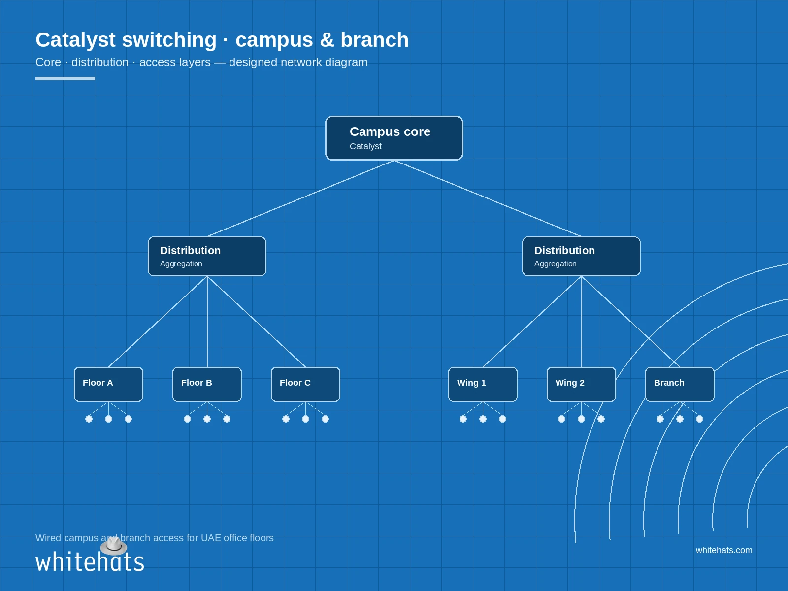 Designed campus and branch network diagram showing Catalyst core, distribution and access layers for UAE offices