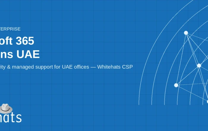 Designed hero graphic for Microsoft 365 Solutions UAE — blue enterprise panel with geometric stack nodes, Whitehats logo, and whitehats.com