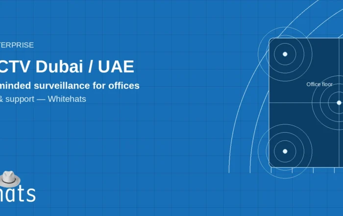Designed hero graphic for SIRA CCTV Dubai / UAE — blue enterprise panel with abstract office coverage plan, Whitehats logo, and whitehats.com