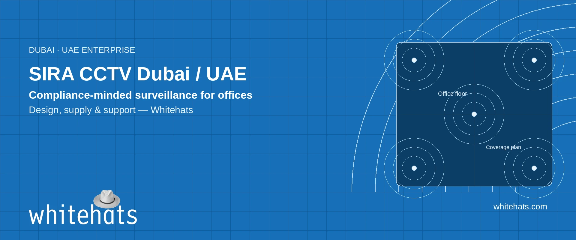 Designed hero graphic for SIRA CCTV Dubai / UAE — blue enterprise panel with abstract office coverage plan, Whitehats logo, and whitehats.com